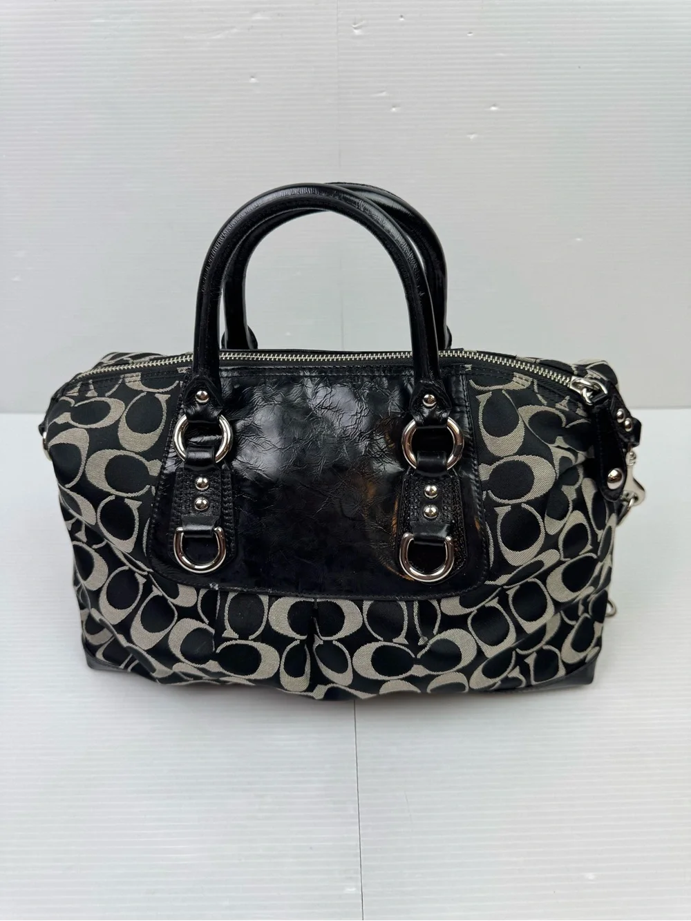 Coach F15443 Black Signature C Sateen Patent Leather Satchel Shoulder Handbag Ba